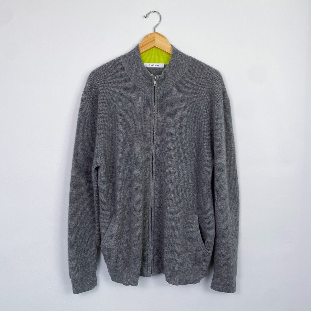 Kokun Men's Thermal Full Zip Cashmere Sweater Gray XL